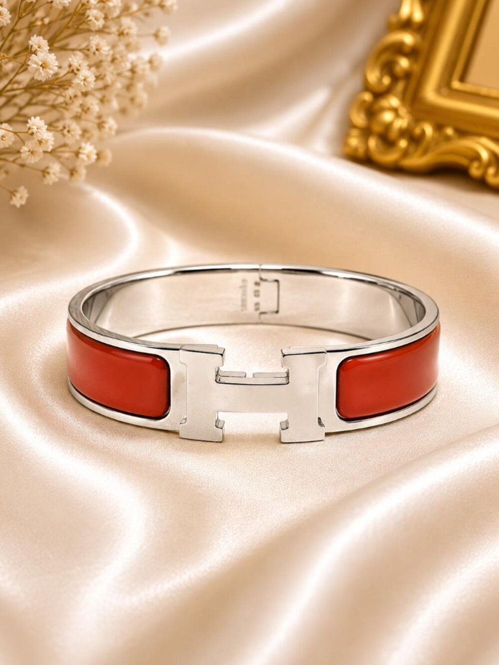 Authentic Hermès Clic H Bracelet Rouge Red Enamel Palladium Plated Bangle
